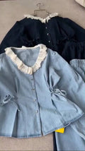 Vintage Lace-Trim Denim Two-Piece Set