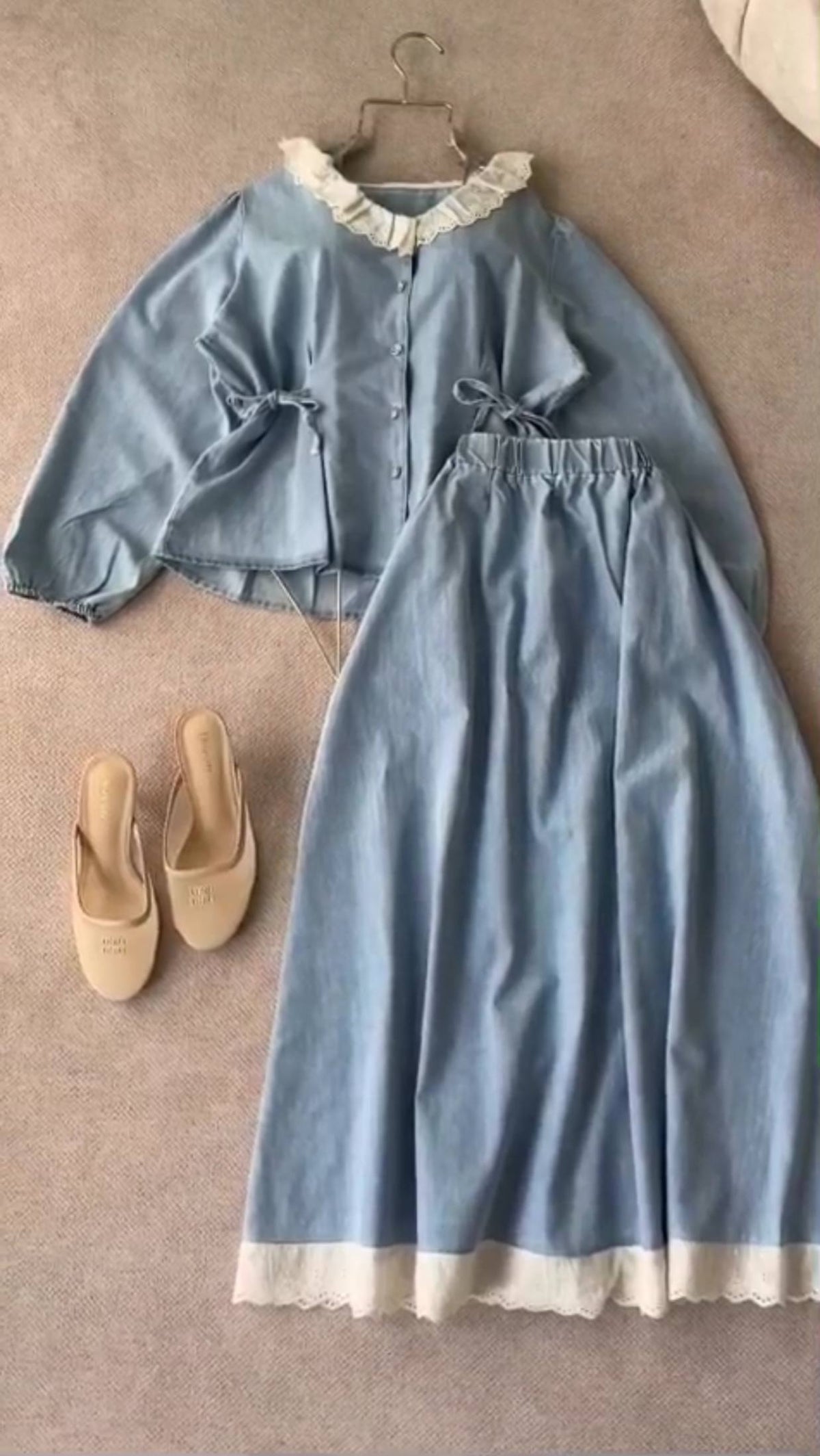 Vintage Lace-Trim Denim Two-Piece Set