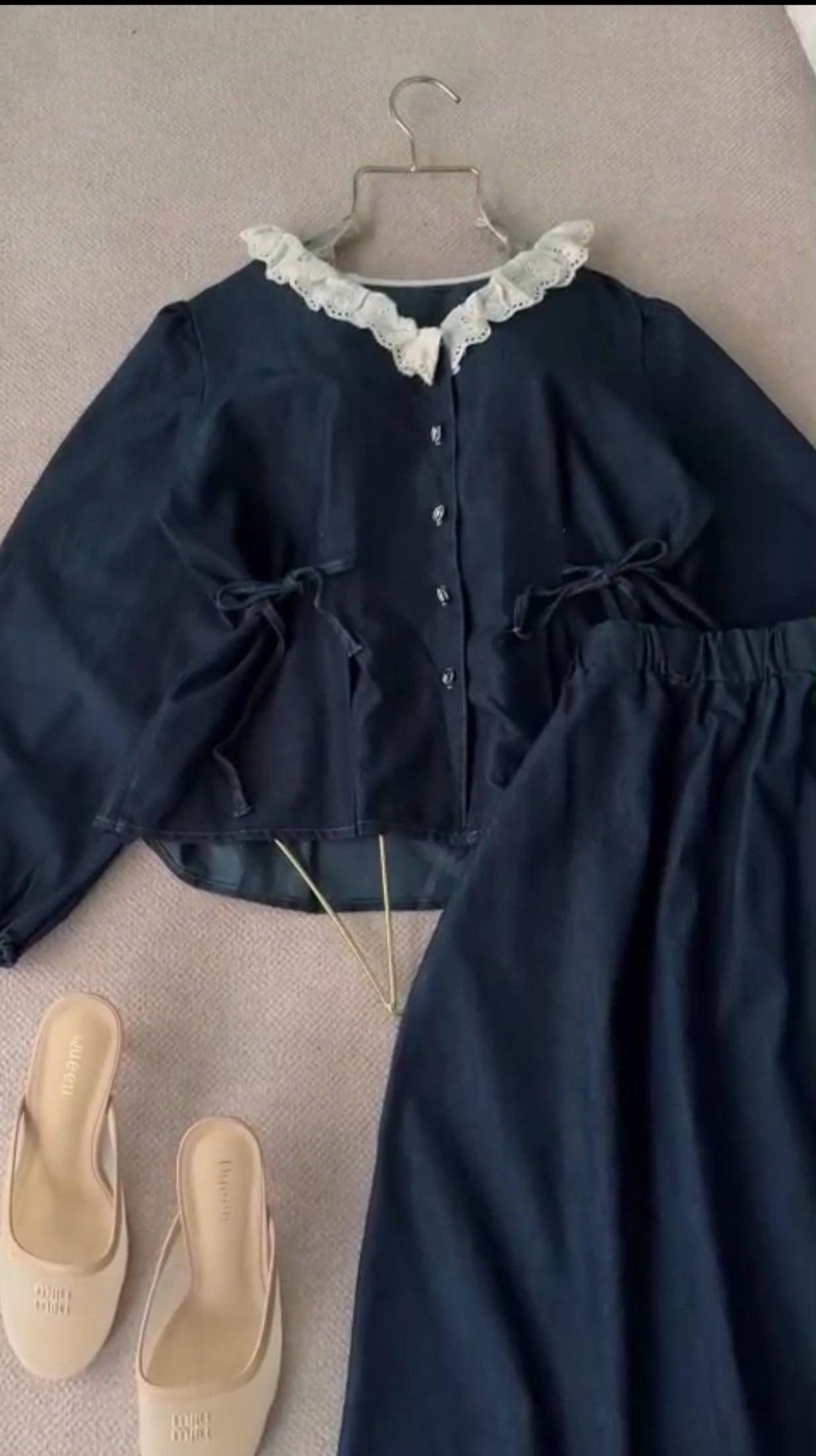 Vintage Lace-Trim Denim Two-Piece Set