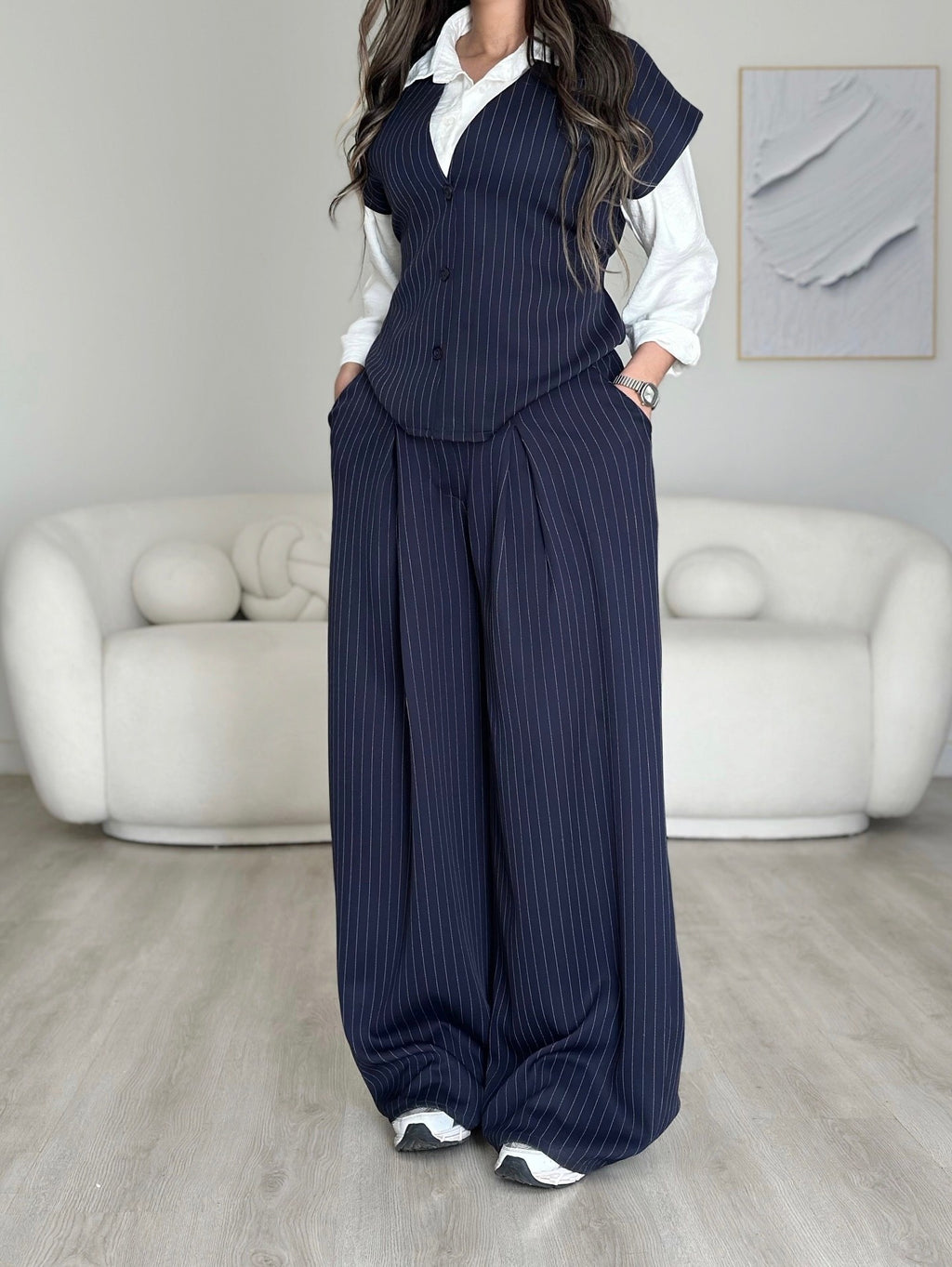 Navy Pinstripe Two-Piece Set (Vest & Wide-Leg Trousers)