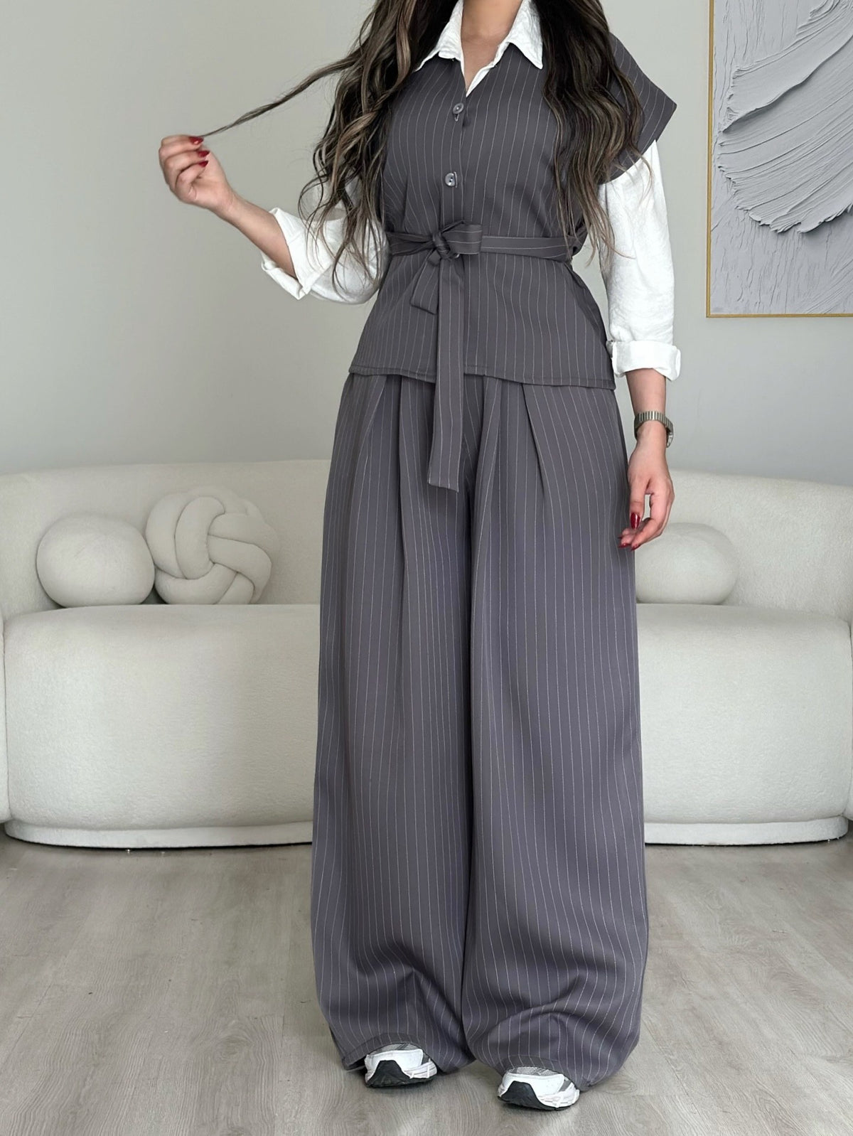 Navy Pinstripe Two-Piece Set (Vest & Wide-Leg Trousers)
