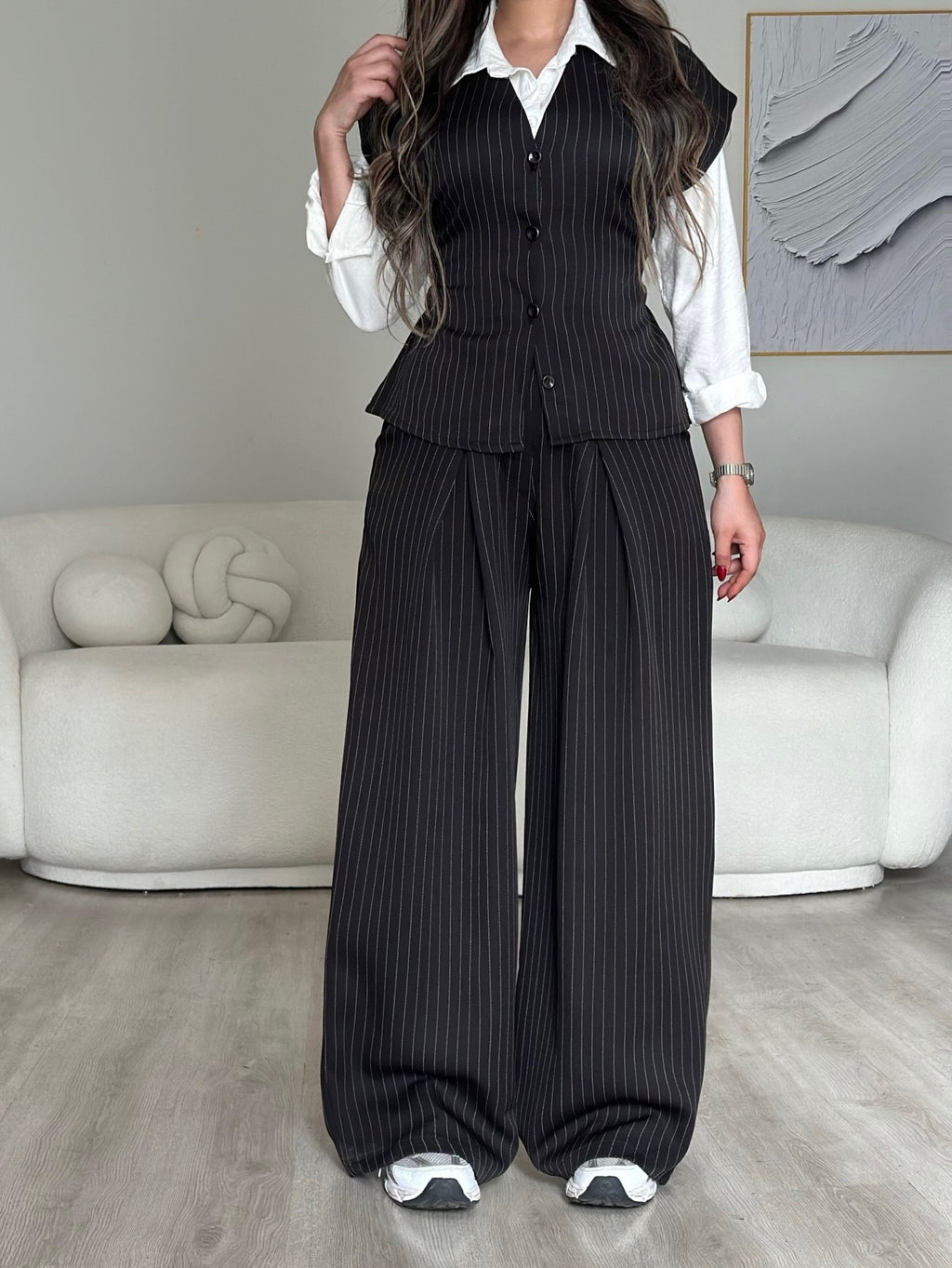 Navy Pinstripe Two-Piece Set (Vest & Wide-Leg Trousers)