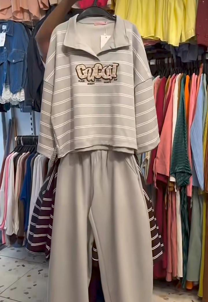 Striped Polo Collar Two-Piece Set